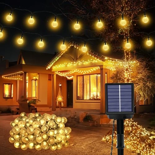 Realky Tuinverlichting op zonne-energie, 50 m, 100 leds, lichtsnoer op zonne-energie, waterdicht lichtsnoer met 8 modi, kristallen boldecoratie voor Pasen, tuin, feesten (geheugenfunctie + warm wit)