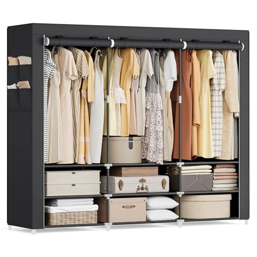 SONGMICS Clothes Wardrobe, Portable Closet, 45 x 188 x 176 cm, 3 Hanging Rails, Shelves, and 4 Side Pockets, Large Capacity for Bedroom, Living Room, Black RYG009B01