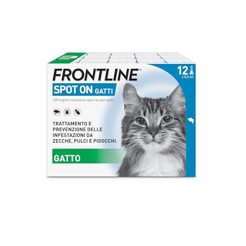 FRONTLINE Spot On, 12 Pipette, Gatto, Antiparassitario per Gatti e Gattini di Lunga Durata, Protegge da Zecche, Pulci e Pidocchi, Antipulci in Confezione da 12 Pipette da 0.5 ml