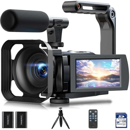 Offre limitee: Caméscope Caméra vidéo 5K 56MP Vlogging Caméra Youtube, WiFi Vision Nocturne 3" Écran Tactile Rotatif à 270° Video Camera avec Carte 64 Go, télécommande, Microphone, stabilisateur, Piles, trépied de 169.99 EUR a 128.60 EUR (economie 24%)