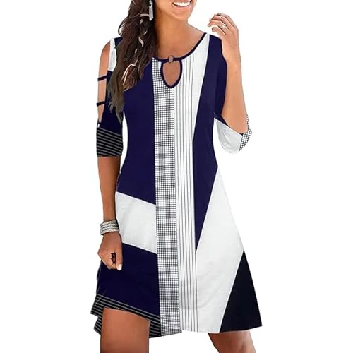 Wie Viel Womens Sommer Kurzarm Kalte Schulter Plain Swing lässig T-Shirt Kleid Floral Beach Cover Up Kleider mit Taschen L