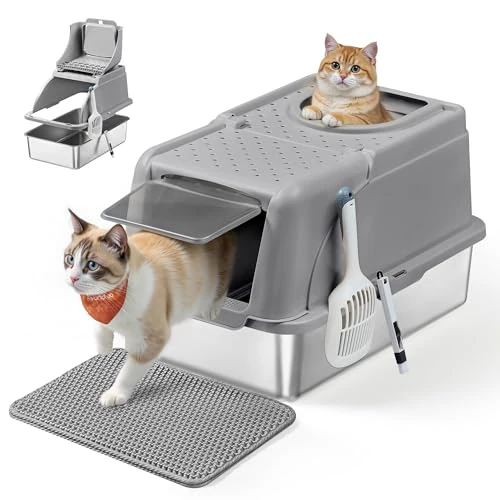 Feandrea Caja de Arena de Acero Inoxidable para Gatos con Tapa Abatible, Arenero XL, a Prueba de Fugas, Cuchara, Cepillo, Doble Entrada, Carga de Encimera de 15 kg, Gris Paloma PPT005G01