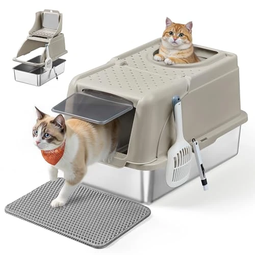 Limited-time offer: Feandrea Stainless Steel Cat Litter Box with Flip Lid, XL Enclosed Litter Box with Leak-Proof Design, Scoop, Brush, Dual Entry, for Cats up to 15 kg, Cappuccino Beige PPT005K01 from 40.99 GBP to 33.99 GBP (save 17%)