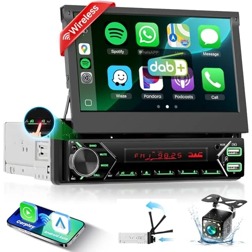 Oferta limitowana: Radio samochodowe 1 DIN DAB+ z 7" zmotoryzowanym ekranem dotykowym, Wireless CarPlay i Android Auto, podofo radio samochodowe Bluetooth, USB-C, Mirror Link, kamera cofania z 618.28 zł na 618.28 zł (oszczędź 0.0%)
