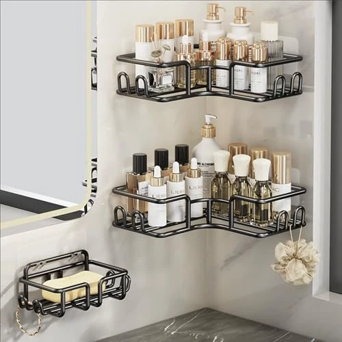 Elecbee 3 Pieces Shower Shelf No Drilling Corner, Shower Shelf No Drilling Shower Shelf Shower Basket Shower Shelf for Hanging Corner, Shower Gel Holder with 5 Hooks, Shampoo Holder for Shower