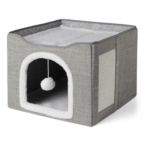 Offerta a tempo: Amazon Basics - Casetta per Gatti a 1 Piano, Lettini per Gatti da Interno, Cubo per Gatti con Gioco Pallina Sospesa e Tappetino Tiragraffi, Grotta per Gatti Pieghevole, 41,9cm x 41,9cm x 33,0cm - 40% da 25.49 € a 15.29 €