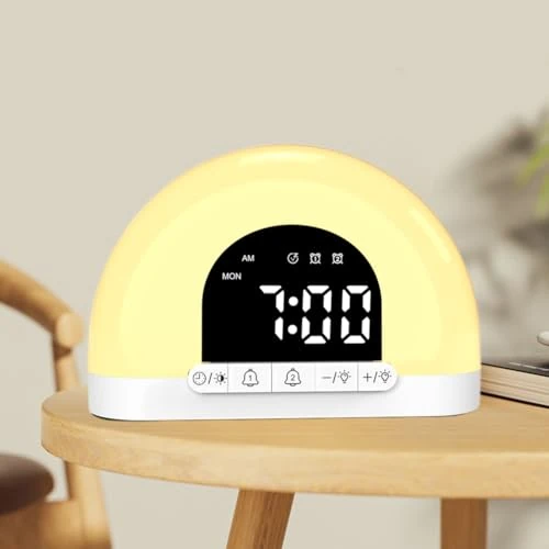 Piashow Réveil à lumière du jour avec 2 alarmes, simulation du lever du soleil, 4 niveaux de luminosité, fonction snooze de 9 minutes, lampe de chevet de chambre à coucher