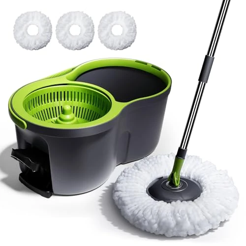 Spin Mop Emmer Systeem, Masthome Pedaal Spin Mop en Emmer met Wringer Set, EasyWring Microfiber Mop met 3 Mop Pads, 360° Draaiende Vloer Reinigingssysteem - Geschikt voor Thuis & Kantoor