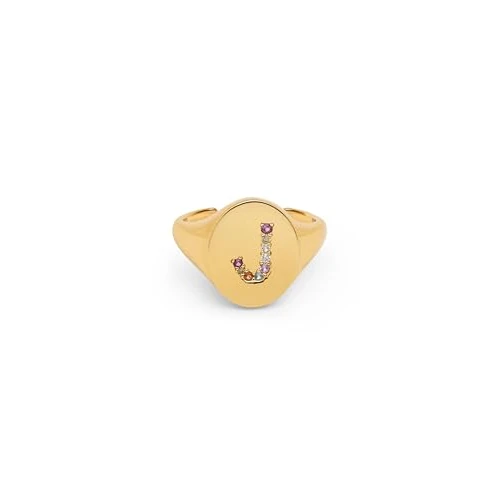 SINGULARU - Anello Personalizzato Signet Letter Colors. Ottone con Finitura Placcata Oro 18Kt. Anello con Motivo Lettera e Zirconi Colorati. Gioielli da Donna. Lettera J