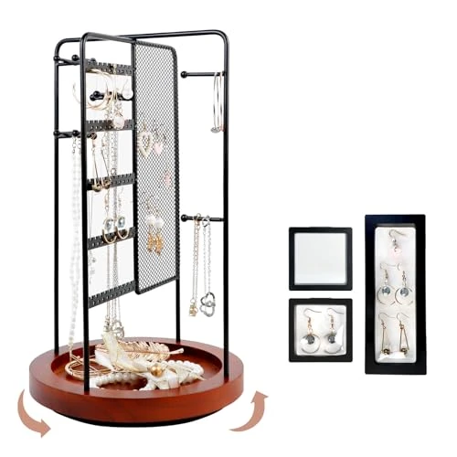 Jiayaus Schmuckständer Drehbarer, Schmuckhalter, Schmuck Organizer mit Holzsockel, Schmuckbaum für Ohrringe, Halsketten, Armbänder, Ringe und Uhren (Schwarz)