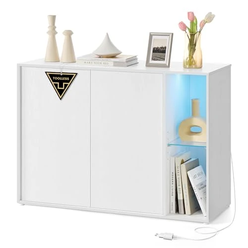 SONGMICS HOME Montaje Ultrarrápido sin Herramientas Toolless, Mueble TV, Armario de Almacenamiento, Aparador con Iluminación y Estante de Cristal, Blanco Nieve BBK372W01