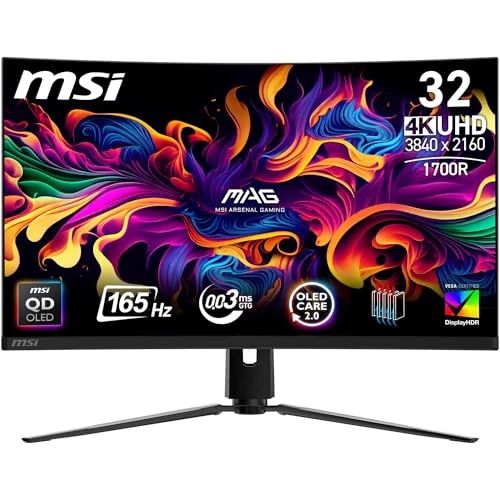 Offerta a tempo: MSI MAG 321CUP QD-OLED Monitor Gaming Curvo da 32" UHD - 1700R, Pannello Quantum Dot OLED (3840 x 2160), 165Hz / 0,03ms, 99% DCI-P3, ΔE≤2, DisplayHDR True Black 400, DP 1.4a, HDMI 2.1, USB Type-C - 34% da 949.00 € a 630.78 €