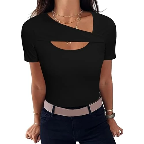 Offerta a tempo: Aottori T-Shirt Donna Scollo Asimmetrico Cotone Maglietta Manica Corta Estiva Basic — 30% da 19,99 € a 13,99 €