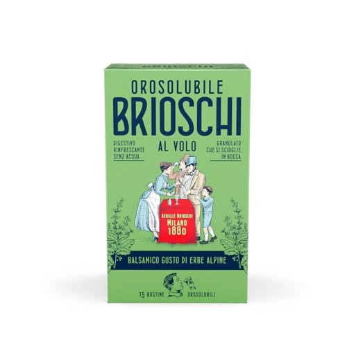 Brioschi rozpuszczalny w locie zioła alpejskie - 15 saszetek z granulatu trawiennego i musującego, do stosowania bezwodnego - Balsamiczny smak alpejskich ziół - dla smacznej i natychmiastowej ulgi -