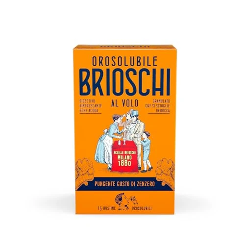 Orosolubile Brioschi al volo Zenzero - 15 Bustine di granulato digestivo e effervescente, da usare senz'acqua - Al pungente gusto di zenzero - per un sollievo gustoso ed istantaneo - 15g