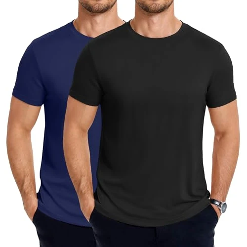 COOFANDY Herren Rundhals T-Shirt Sommer Einfarbig Basic T Shirt Kurzarm Regular Fit 2er Pack Schwarz/Navyblau XL