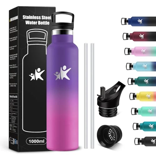 KollyKolla Trinkflasche Edelstahl 1L, Thermoskanne BPA-Frei, Auslaufsichere Isolierflasche Doppelwandig, Kohlensaeure Geeignet, Wasserflasche mit Strohhalm, für Fitness, Schule, Outdoor, Sport