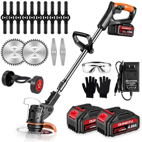 Akku-Rasentrimmer 21 V, 4 in 1, 2 Akkus 4,0 Ah, Teleskopgriff, 90° drehbarer Kopf, 2 Bürsten, 20 Schnittlinien, 4 Klingen (schwarz)