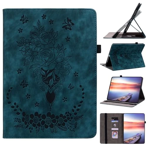 DayQiQiPu Case for Amazon Fire 7 (7.0 Inch, 12th Generation, 2022 Release) PU Leather Garden Rose Bush Pattern Flip Tablet Case Card Slot Stand Protection Cover,Dark Blue