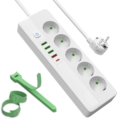Sefitopher (8 en 1) Multiprise 4 prises avec 4 ports USB PD 20 W, prise encastrable avec interrupteur, câble de 2 m pour téléphone et appareils ménagers pour bureau, bureau ou chambre à coucher (5