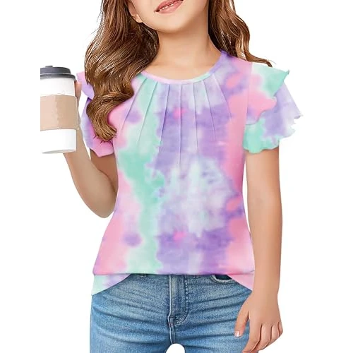 Zeitlich begrenztes Angebot: Arshiner T-Shirts für Mädchen Sommer Plissiertes Oberteil Kurzarm Rundhals Tops Gewellte Ärmel Casual Tops Tie Dye 120/5-6 Jahre von 14.99 € auf 8.49 € (43% Rabatt)