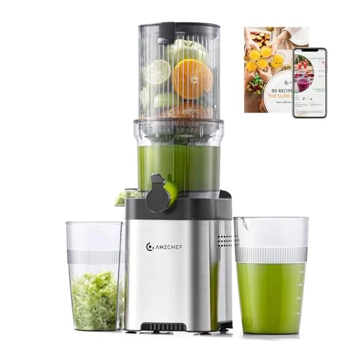 AMZCHEF Juice Extractor with Larger Feed Tube, 113 mm Wide for Whole Vegetables and Fruits, with 2 Glasses, Easy to Clean, Silver