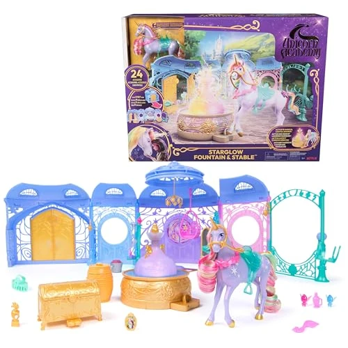 Unicorn Academy, Starglow Fountain & Stable Playset con Wildstar, luci e suoni, 24 accessori, bambole e unicorni giocattolo per bambine dai 4 anni in su