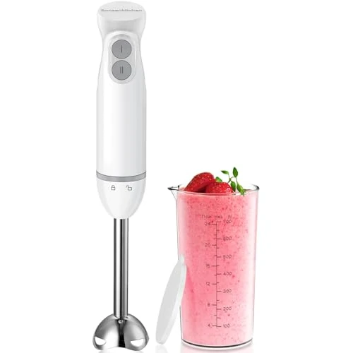Bonsenkitchen 2-in-1 Hand Blender, 1000 W, Stainless Steel, 2 Speed, with 700 ml Measuring Cup and Lid, for Porridge, Soup, Smoothies and Purees