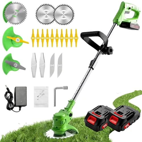 Gompuy Débroussailleuse à Batterie, Débroussailleuse électrique avec Lame en métal, Coupe-Bordures à Batterie avec 2 Batteries de 21 V 2000 mAh, poignée rétractable et Rotation de la tête de 90°