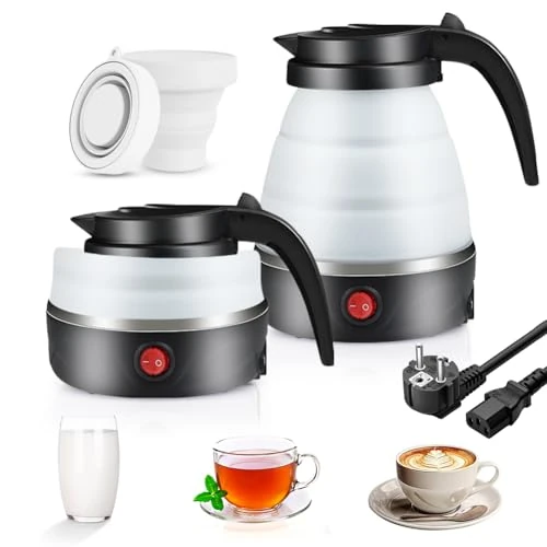 Opvouwbare waterketel, 0,6 l, draagbare waterkoker met 2 opvouwbare bekers, elektrische siliconen waterkoker met 304 roestvrijstalen bodem, siliconen reiswaterkoker voor camping, reizen, outdoor,