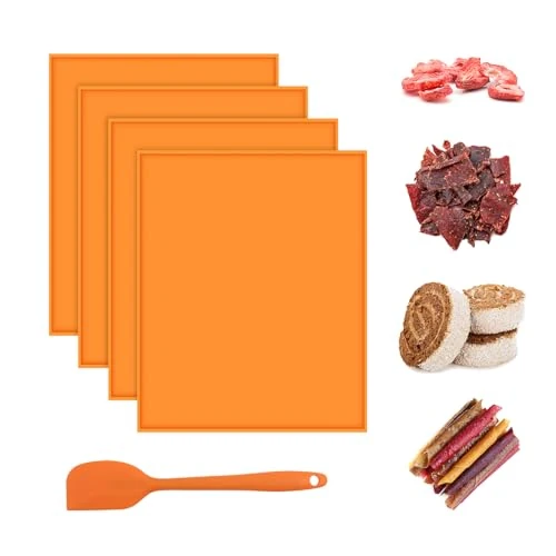 Oferta limitada: Yiomxhi 4 Piezas Hojas Deshidratador de Silicona, Bandeja Deshidratadora de Alimentos Antiadherente, Alfombrillas Hornear Tapete Pastel de Rollo Suizo Reutilizables Cuadradas con Raspador (Naranja) de 22.99 EUR a 18.39 EUR (ahorro 20%)