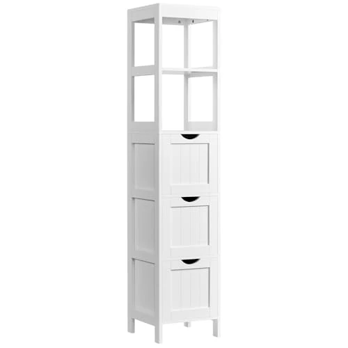 Yaheetech Hoge kast, badkamerkast, opbergkast, met 3 laden en 2 open vakken, smal badkamermeubel, badkamerrek, 30 × 30 × 142 cm, wit