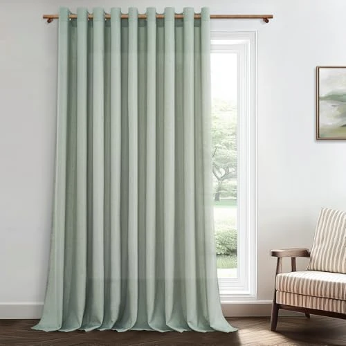 MRTREES Extra Wide Curtains with Eyelets, Linen Look, Semi-Transparent for Large Windows, Living Room, Bedroom, Modern, 1 Piece, Curtain Curtain, Linen Sage Green, 240 cm Long, 300 cm Wide