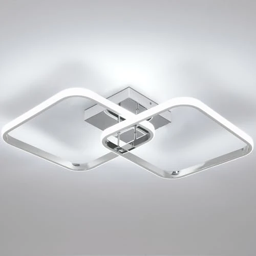 Comely Modern LED Plafondlamp, 42W 4700LM LED Plafondlamp Chroom Dubbel Vierkant Ontwerp, Kroonluchter voor Woonkamer Slaapkamer Keuken Gang, Koel Wit 6500K