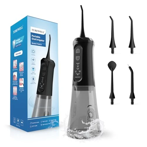 Limited offer: TUREWELL Water Dental Flosser for Teeth/Braces, 310 ML Portable Cordless Oral Irrigator with 5 Modes, IPX7 Waterproof Electric Water Flossing with 4 Replacement Jet Tips for Travel and Home, Black from 23.90 EUR to 21.99 EUR (save 8%)