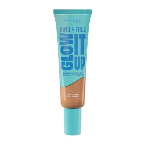 Rimmel London Kind & Free GLOW IT UP Fondotinta Idratante, 201, Classic Beige, Lenisce la pelle sensibile, Colorito sano e luminoso, Idrata per tutto il giorno, 30 ml