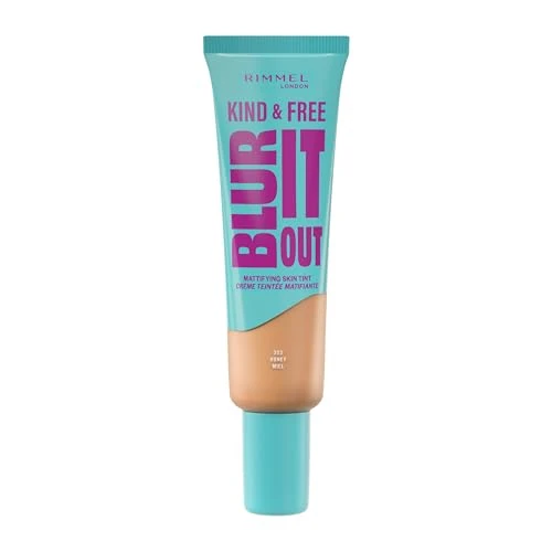 Rimmel London Kind & Free BLUR IT OUT Fondotinta Opacizzante, 303, Honey, Controllo effetto lucido per tutto il giorno, Make-up dal finish matte leggero, 30 ml