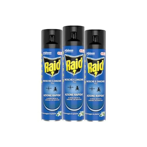 Raid Mosche e Zanzare Tripacco, Spray Insetticida, Antizanzare e Antimosche, Azione Rapida, 3 bombole da 400 ml