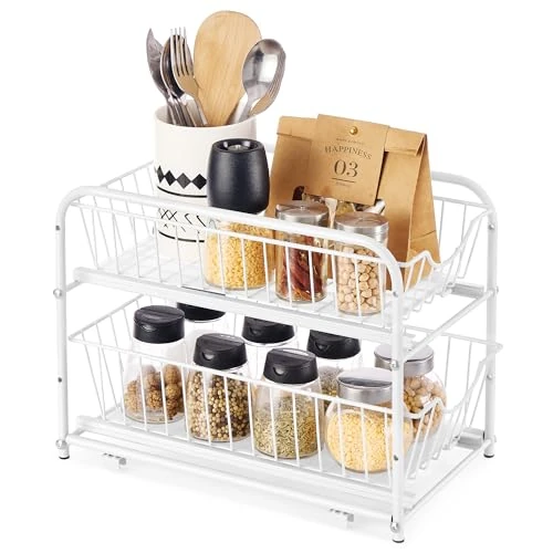 Offerta a tempo: SONGMICS Organizzatore da Cucina, Scaffale a 2 Ripiani Estraibili per Armadietto, Organizzatore Impilabile Sottolavello con Cassetti Portaoggetti, per Cucina, Bagno, Bianco Opaco KCS017W01V1 — 28% da 27,99 € a 19,87 €