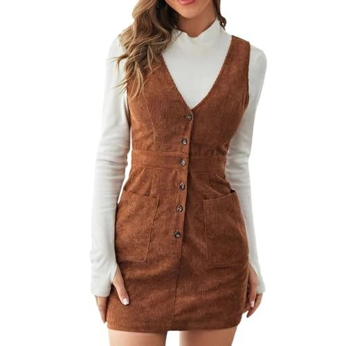 Offerta a tempo: Mini Abito Scamiciato da Donna con Scollo a V Senza Maniche in Velluto a Coste e Bottoni — 5% da 15,66 € a 14,88 €