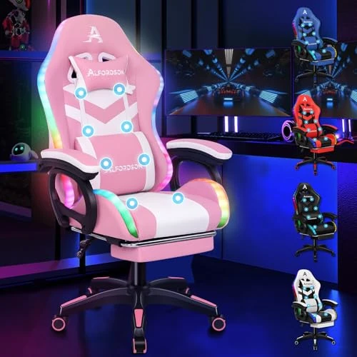 Tijdelijke aanbieding: Alfordson gamingstoel met 8-punts massage, 12 kleuren RGB LED-verlichting, ergonomische bureaustoel met voetensteun, hoofdsteun en lendensteun voor kinderen en volwassenen, PU-leer, roze van 97.99 € naar 97.99 € (0.00% korting)