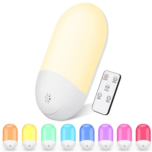 HOTUT Night Light Socket with Dusk Sensor, Plug-in Night Light with Remote Control, Warm White +RGB Night Light for Kids, 8 Colors, Very Good for Children's Room, Staircase, Bedroom