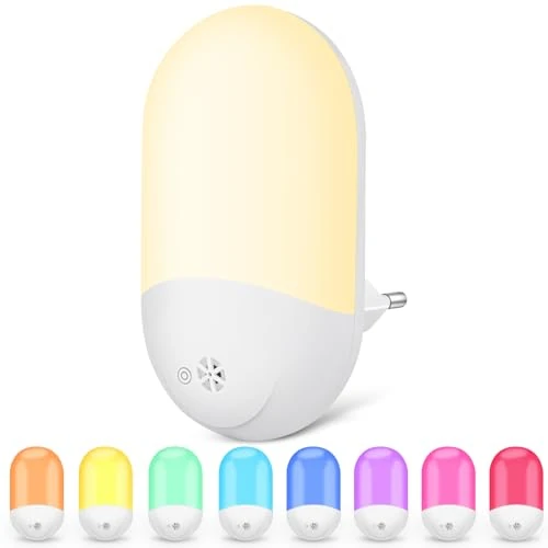 HOTUT Night Light Socket with Twilight Sensor, Plug-in Night Light with Touch Switch, Warm White +RGB Night Light for Kids, 8 Colors, Very Good for Kids Room, Staircase, Bedroom