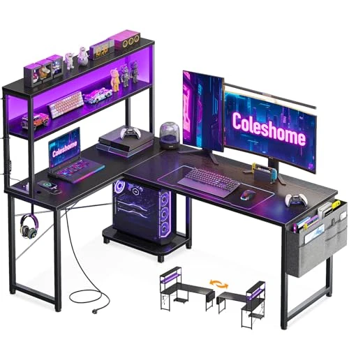 Offerta a tempo: Coleshome Scrivania Gaming con LED e Prese, 135 × 100 cm Scrivania Gaming Angolare — 33% da 139,99 € a 93,43 €