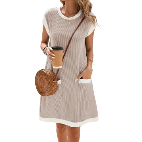 Offerta a tempo: Famulily Vestito estivo da donna 2025, casual, maniche ad aletta, girocollo, da spiaggia, con tasche, S-XXL, cachi, L - 0.00% da 31.51 € a 31.51 €