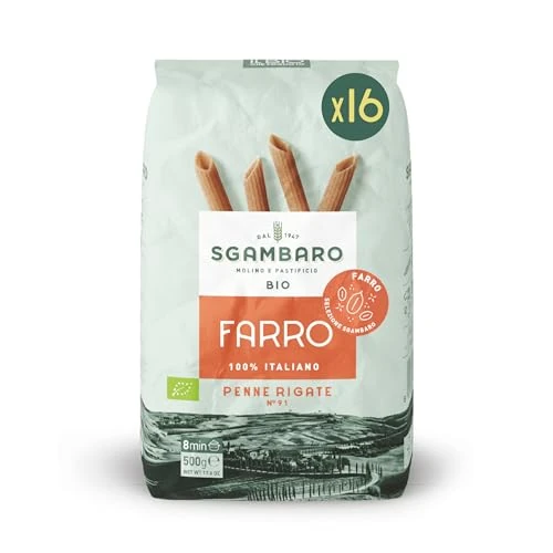 Sgambaro Pasta di Farro Selezione Bio Penne Rigate N.91 - 16x500g Pasta Farro 100% Italiana - a Basso Contenuto di Grassi, Fonte di Fibre, Proteine e Zinco - Ideale per Diete Sane e Naturali