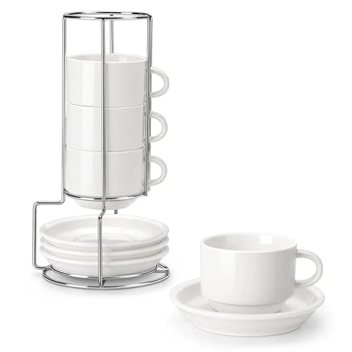 Limited offer: MALACASA 8 OZ Porcelain Espresso Cups with Saucers and Metal Stand Set of 4, Stackable Cappuccino Cups, White Expresso Shots Cup Set for Coffee Drinks, Latte, Tea from 39.98 EUR to 33.98 EUR (save 15%)