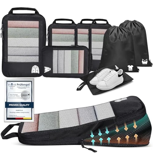 Packing Cubes Compression Organizador Maleta 8 Piezas, Bolsas Viaje Organizador Travel Essentials Negro