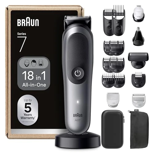 Braun Kosiarka elektryczna All-In-One dla mężczyzn serii 7 AIO7585, szara, zestaw 18 w 1 z ostrzem ProBlade i 8 drewniakami, zestaw do golenia z akcesoriami, przeznaczony do golenia brody, włosów i