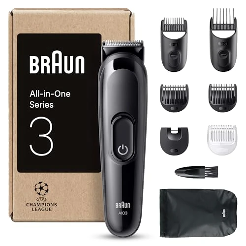 Offerta a tempo: Braun Rifinitore All-In-One Series 3, Rasoio Elettrico Barba E Capelli 8In1, Con Lama Ultra Affilata, 14 Lunghezze, 50 Minuti di Autonomia, Styling Facile e Veloce Per Viso E Capelli, AIO3545 Nero - 40% da 54.99 € a 32.99 €